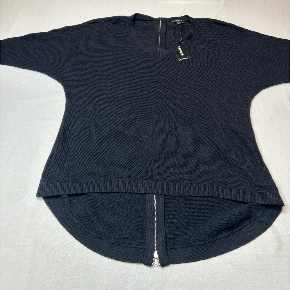Express Womens Black Waffle Knit V-Neck Hi-Low Zipper Back Sweater Top XS NEW